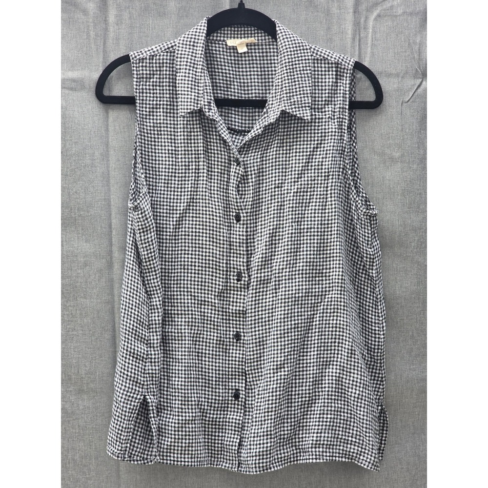 Eileen Fisher Organic Linen Gingham Sleeveless Button Down Shirt Black White S24